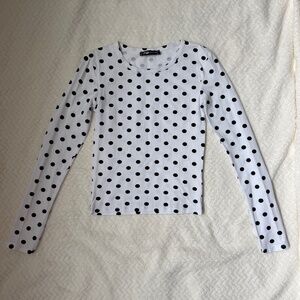 FB Sister XS Polka Dot Long Sleeve Tee White Black Dot Print Cute Casual Top EUC